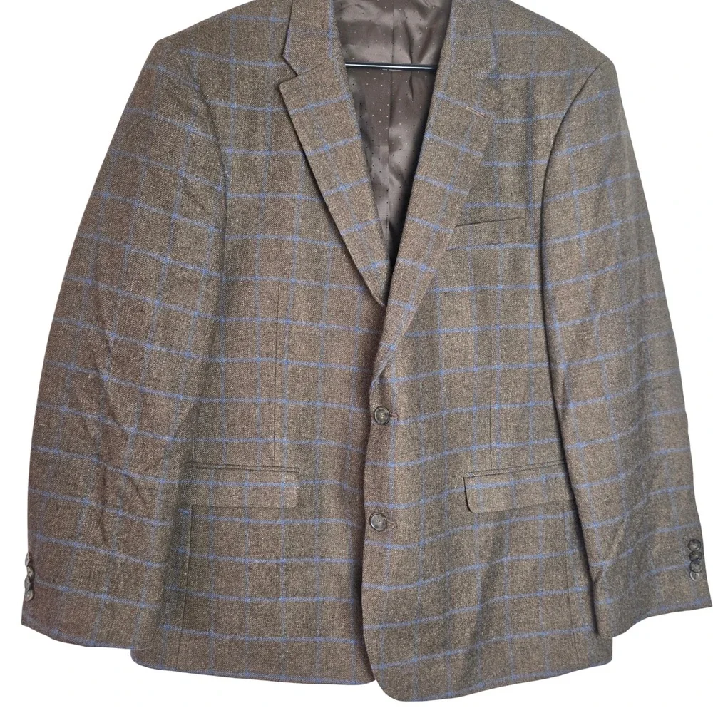 Tommy Hilfiger Sport Coat 46R Brown Blue Windowpane Wool Blend Blazer Men's